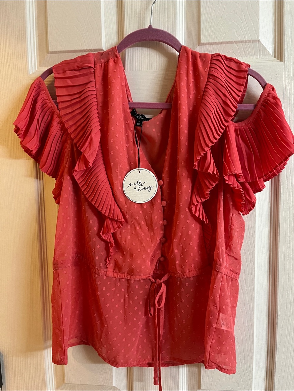Milk & Honey Red Ruffle V-Neck Tie-Front Blouse